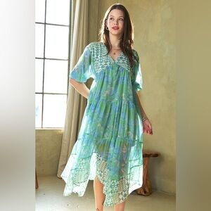 🟠 93B. Geo & Floral Print Tiered Midi Dress - Mint Green